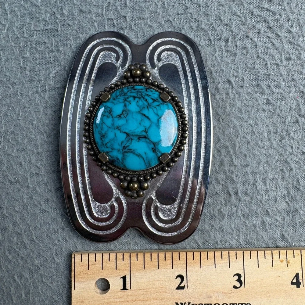 Western Turquoise Faux Stone Belt Buckle Silver Bronze Tone Scroll Etched Large